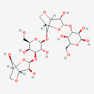 molecular formula C24H38O19 B580310 (2S,3R,4S,5R,6R)-4-[[(1S,3S,4S,5S,8R)-8-[(2S,3R,4S,5S,6R)-4-[[(1S,3S,4S,5R,8R)-4,8-dihydroxy-2,6-dioxabicyclo[3.2.1]octan-3-yl]oxy]-3,5-dihydroxy-6-(hydroxymethyl)oxan-2-yl]oxy-4-hydroxy-2,6-dioxabicyclo[3.2.1]octan-3-yl]oxy]-6-(hydroxymethyl)oxane-2,3,5-triol CAS No. 16033-31-1