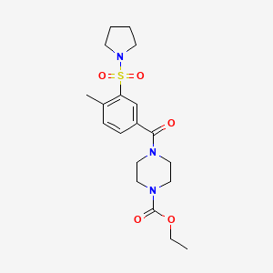 molecular formula C19H27N3O5S B5805620 ethyl 4-[4-methyl-3-(1-pyrrolidinylsulfonyl)benzoyl]-1-piperazinecarboxylate 