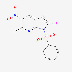 molecular formula C14H10IN3O4S B580780 1-(Phenylsulphonyl)-2-iodo-6-methyl-5-nitro-7-azaindole CAS No. 1227268-96-3