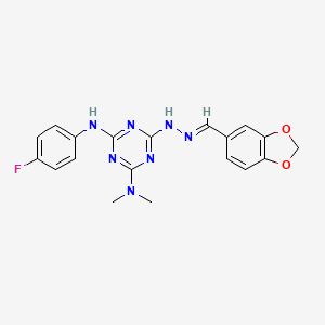molecular formula C19H18FN7O2 B5810514 1,3-benzodioxole-5-carbaldehyde {4-(dimethylamino)-6-[(4-fluorophenyl)amino]-1,3,5-triazin-2-yl}hydrazone 