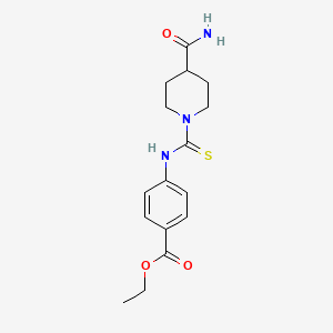 molecular formula C16H21N3O3S B5818357 ethyl 4-({[4-(aminocarbonyl)-1-piperidinyl]carbonothioyl}amino)benzoate 