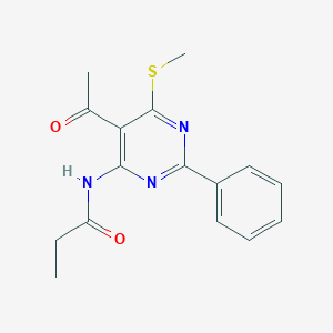 molecular formula C16H17N3O2S B5825736 N-[5-acetyl-6-(methylthio)-2-phenyl-4-pyrimidinyl]propanamide 