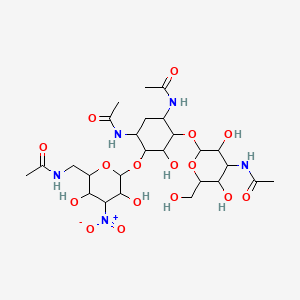 molecular formula C26H43N5O16 B589062 N-[[6-[4,6-Diacetamido-3-[4-acetamido-3,5-dihydroxy-6-(hydroxymethyl)oxan-2-yl]oxy-2-hydroxycyclohexyl]oxy-3,5-dihydroxy-4-nitrooxan-2-yl]methyl]acetamide CAS No. 20971-00-0