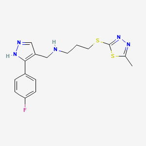 molecular formula C16H18FN5S2 B5901160 N-{[3-(4-fluorophenyl)-1H-pyrazol-4-yl]methyl}-3-[(5-methyl-1,3,4-thiadiazol-2-yl)thio]propan-1-amine 