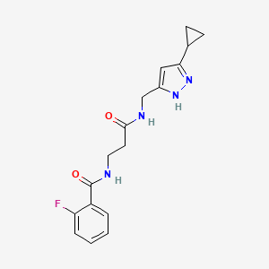 molecular formula C17H19FN4O2 B5903448 N-(3-{[(5-cyclopropyl-1H-pyrazol-3-yl)methyl]amino}-3-oxopropyl)-2-fluorobenzamide 