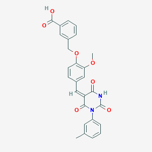 3-[(2-methoxy-4-{[1-(3-methylphenyl)-2,4,6-trioxotetrahydro-5(2H)-pyrimidinylidene]methyl}phenoxy)methyl]benzoic acid