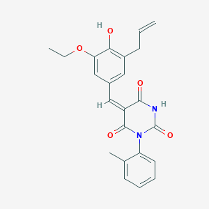 molecular formula C23H22N2O5 B5909375 5-(3-allyl-5-ethoxy-4-hydroxybenzylidene)-1-(2-methylphenyl)-2,4,6(1H,3H,5H)-pyrimidinetrione 