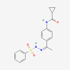 molecular formula C18H19N3O3S B5916775 N-{4-[N-(phenylsulfonyl)ethanehydrazonoyl]phenyl}cyclopropanecarboxamide 