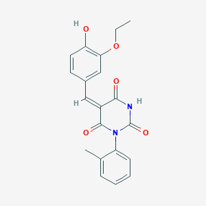 molecular formula C20H18N2O5 B5916806 5-(3-ethoxy-4-hydroxybenzylidene)-1-(2-methylphenyl)-2,4,6(1H,3H,5H)-pyrimidinetrione 