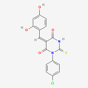 (5E)-1-(4-chlorophenyl)-5-[(2,4-dihydroxyphenyl)methylidene]-2-sulfanylidene-1,3-diazinane-4,6-dione