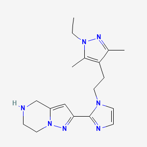 molecular formula C18H25N7 B5951728 2-{1-[2-(1-ethyl-3,5-dimethyl-1H-pyrazol-4-yl)ethyl]-1H-imidazol-2-yl}-4,5,6,7-tetrahydropyrazolo[1,5-a]pyrazine dihydrochloride 