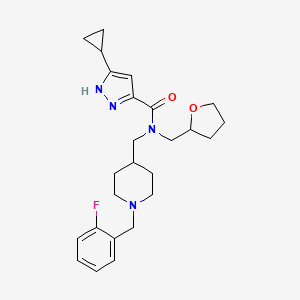 molecular formula C25H33FN4O2 B5953852 5-cyclopropyl-N-[[1-[(2-fluorophenyl)methyl]piperidin-4-yl]methyl]-N-(oxolan-2-ylmethyl)-1H-pyrazole-3-carboxamide 