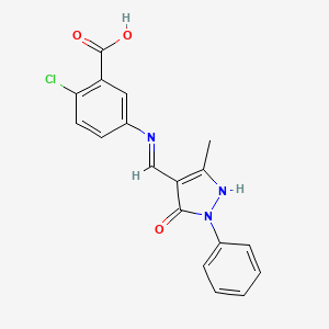 molecular formula C18H14ClN3O3 B5954992 2-chloro-5-{[(3-methyl-5-oxo-1-phenyl-1,5-dihydro-4H-pyrazol-4-ylidene)methyl]amino}benzoic acid 