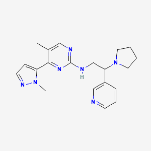 molecular formula C20H25N7 B5958449 5-methyl-4-(1-methyl-1H-pyrazol-5-yl)-N-(2-pyridin-3-yl-2-pyrrolidin-1-ylethyl)pyrimidin-2-amine 