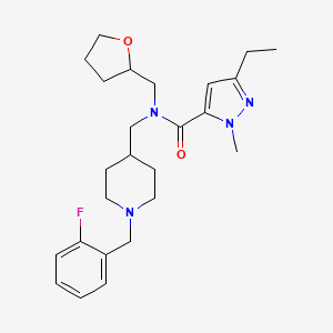 molecular formula C25H35FN4O2 B5958631 3-ethyl-N-{[1-(2-fluorobenzyl)-4-piperidinyl]methyl}-1-methyl-N-(tetrahydro-2-furanylmethyl)-1H-pyrazole-5-carboxamide 