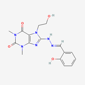 7-(2-HYDROXYETHYL)-8-[(2E)-2-[(2-HYDROXYPHENYL)METHYLIDENE]HYDRAZIN-1-YL]-1,3-DIMETHYL-2,3,6,7-TETRAHYDRO-1H-PURINE-2,6-DIONE