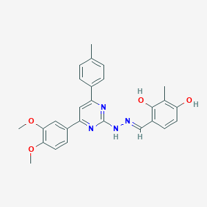 4-[(E)-[[4-(3,4-dimethoxyphenyl)-6-(4-methylphenyl)pyrimidin-2-yl]hydrazinylidene]methyl]-2-methylbenzene-1,3-diol