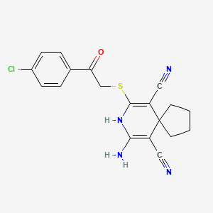 molecular formula C19H17ClN4OS B5962664 7-amino-9-{[2-(4-chlorophenyl)-2-oxoethyl]thio}-8-azaspiro[4.5]deca-6,9-diene-6,10-dicarbonitrile 