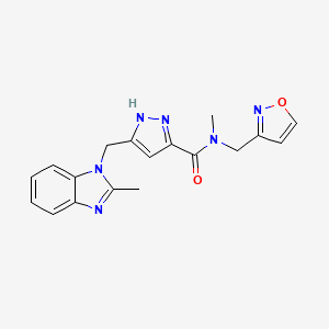 molecular formula C18H18N6O2 B5963416 N-(3-isoxazolylmethyl)-N-methyl-5-[(2-methyl-1H-benzimidazol-1-yl)methyl]-1H-pyrazole-3-carboxamide 