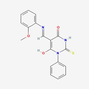 molecular formula C18H15N3O3S B5963501 5-{[(2-methoxyphenyl)amino]methylene}-1-phenyl-2-thioxodihydro-4,6(1H,5H)-pyrimidinedione CAS No. 5304-67-6