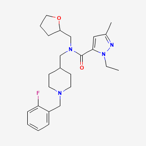 molecular formula C25H35FN4O2 B5963676 1-ethyl-N-{[1-(2-fluorobenzyl)-4-piperidinyl]methyl}-3-methyl-N-(tetrahydro-2-furanylmethyl)-1H-pyrazole-5-carboxamide 