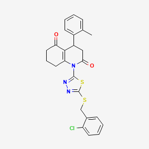 molecular formula C25H22ClN3O2S2 B5964435 1-{5-[(2-chlorobenzyl)thio]-1,3,4-thiadiazol-2-yl}-4-(2-methylphenyl)-4,6,7,8-tetrahydroquinoline-2,5(1H,3H)-dione 