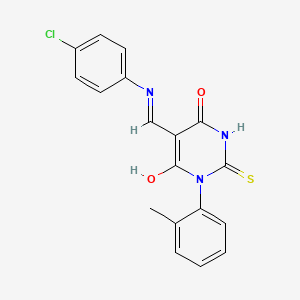 molecular formula C18H14ClN3O2S B5964840 5-{[(4-chlorophenyl)amino]methylene}-1-(2-methylphenyl)-2-thioxodihydro-4,6(1H,5H)-pyrimidinedione 