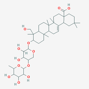 molecular formula C41H66O12 B596653 10-[3,4-二羟基-5-(3,4,5-三羟基-6-甲基氧杂环-2-基)氧基氧杂环-2-基]氧基-9-(羟甲基)-2,2,6a,6b,9,12a-六甲基-1,3,4,5,6,6a,7,8,8a,10,11,12,13,14b-十四氢茚满-4a-羧酸 CAS No. 123350-57-2
