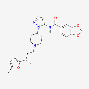 molecular formula C25H30N4O4 B5967158 N-(1-{1-[3-(5-methyl-2-furyl)butyl]-4-piperidinyl}-1H-pyrazol-5-yl)-1,3-benzodioxole-5-carboxamide 