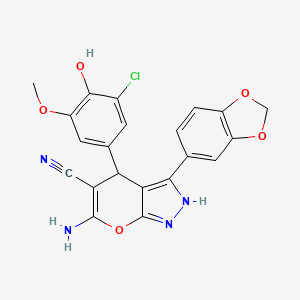 molecular formula C21H15ClN4O5 B5968986 6-amino-3-(1,3-benzodioxol-5-yl)-4-(3-chloro-4-hydroxy-5-methoxyphenyl)-1,4-dihydropyrano[2,3-c]pyrazole-5-carbonitrile 