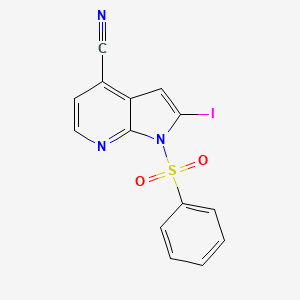 molecular formula C14H8IN3O2S B597011 1-(苯磺酰基)-4-氰基-2-碘-7-氮杂吲哚 CAS No. 1227270-55-4