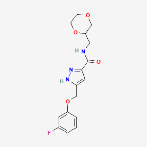 molecular formula C16H18FN3O4 B5971437 N-(1,4-dioxan-2-ylmethyl)-5-[(3-fluorophenoxy)methyl]-1H-pyrazole-3-carboxamide 