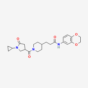 molecular formula C24H31N3O5 B5971845 3-{1-[(1-cyclopropyl-5-oxo-3-pyrrolidinyl)carbonyl]-4-piperidinyl}-N-(2,3-dihydro-1,4-benzodioxin-6-yl)propanamide 