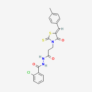molecular formula C21H18ClN3O3S2 B5972274 2-chloro-N'-{3-[5-(4-methylbenzylidene)-4-oxo-2-thioxo-1,3-thiazolidin-3-yl]propanoyl}benzohydrazide 