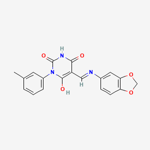 molecular formula C19H15N3O5 B5972359 5-[(1,3-benzodioxol-5-ylamino)methylene]-1-(3-methylphenyl)-2,4,6(1H,3H,5H)-pyrimidinetrione 