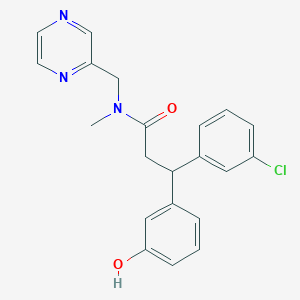 molecular formula C21H20ClN3O2 B5972413 3-(3-chlorophenyl)-3-(3-hydroxyphenyl)-N-methyl-N-(2-pyrazinylmethyl)propanamide 