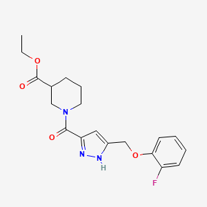 molecular formula C19H22FN3O4 B5972518 ethyl 1-({5-[(2-fluorophenoxy)methyl]-1H-pyrazol-3-yl}carbonyl)-3-piperidinecarboxylate 