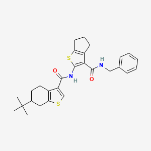 molecular formula C28H32N2O2S2 B5973313 N-{3-[(benzylamino)carbonyl]-5,6-dihydro-4H-cyclopenta[b]thien-2-yl}-6-tert-butyl-4,5,6,7-tetrahydro-1-benzothiophene-3-carboxamide 