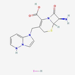 molecular formula C14H16IN5O3S B597400 (6R,7R)-7-氨基-3-(咪唑并[1,2-b]哒嗪-1(5H)-基甲基)-8-氧代-5-硫代-1-氮杂双环[4.2.0]辛-2-烯-2-羧酸氢碘酸盐 CAS No. 197897-11-3