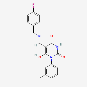 molecular formula C19H16FN3O3 B5974266 5-{[(4-fluorobenzyl)amino]methylene}-1-(3-methylphenyl)-2,4,6(1H,3H,5H)-pyrimidinetrione 