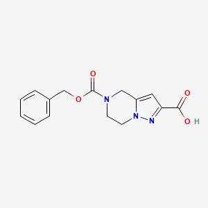 molecular formula C15H15N3O4 B597523 5-phenylmethoxycarbonyl-6,7-dihydro-4H-pyrazolo[1,5-a]pyrazine-2-carboxylic acid CAS No. 1265893-86-4