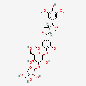 molecular formula C33H44O17 B597601 (2S,3R,4S,5R,6R)-2-[4-[(3R,3aS,6R,6aS)-3-(4-hydroxy-3,5-dimethoxyphenyl)-1,3,3a,4,6,6a-hexahydrofuro[3,4-c]furan-6-yl]-2,6-dimethoxyphenoxy]-4-[(2S,3R,4R)-3,4-dihydroxy-4-(hydroxymethyl)oxolan-2-yl]oxy-6-(hydroxymethyl)oxane-3,5-diol CAS No. 136997-64-3