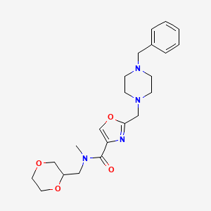 molecular formula C22H30N4O4 B5976769 2-[(4-benzyl-1-piperazinyl)methyl]-N-(1,4-dioxan-2-ylmethyl)-N-methyl-1,3-oxazole-4-carboxamide 
