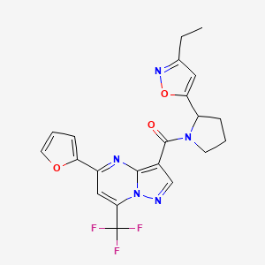 molecular formula C21H18F3N5O3 B5977185 3-{[2-(3-ethyl-5-isoxazolyl)-1-pyrrolidinyl]carbonyl}-5-(2-furyl)-7-(trifluoromethyl)pyrazolo[1,5-a]pyrimidine 