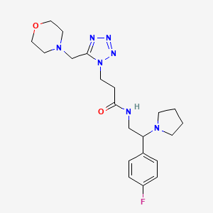 molecular formula C21H30FN7O2 B5977611 N-[2-(4-fluorophenyl)-2-(1-pyrrolidinyl)ethyl]-3-[5-(4-morpholinylmethyl)-1H-tetrazol-1-yl]propanamide 