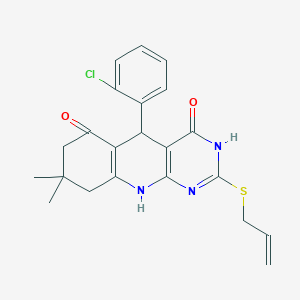 molecular formula C22H22ClN3O2S B5981294 2-(allylthio)-5-(2-chlorophenyl)-8,8-dimethyl-5,8,9,10-tetrahydropyrimido[4,5-b]quinoline-4,6(3H,7H)-dione 