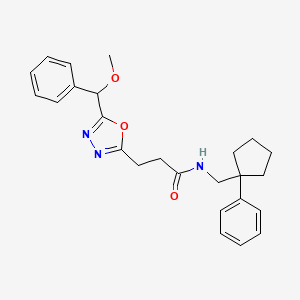 molecular formula C25H29N3O3 B5985378 3-{5-[methoxy(phenyl)methyl]-1,3,4-oxadiazol-2-yl}-N-[(1-phenylcyclopentyl)methyl]propanamide 