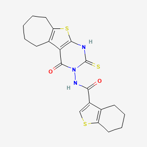 molecular formula C20H21N3O2S3 B5985382 N-(2-mercapto-4-oxo-6,7,8,9-tetrahydro-4H-cyclohepta[4,5]thieno[2,3-d]pyrimidin-3(5H)-yl)-4,5,6,7-tetrahydro-1-benzothiophene-3-carboxamide 