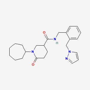 molecular formula C24H32N4O2 B5985638 1-cycloheptyl-6-oxo-N-[2-(1H-pyrazol-1-ylmethyl)benzyl]-3-piperidinecarboxamide 