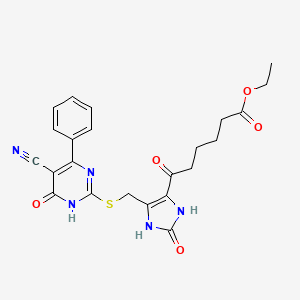 ethyl 6-(5-{[(5-cyano-6-oxo-4-phenyl-1,6-dihydropyrimidin-2-yl)sulfanyl]methyl}-2-oxo-2,3-dihydro-1H-imidazol-4-yl)-6-oxohexanoate